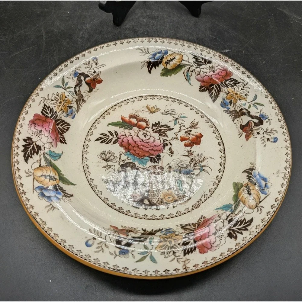 Antique‎ Wedgwood Bullfinch Ironstone Polychrome Floral Transferware Soup Bowl